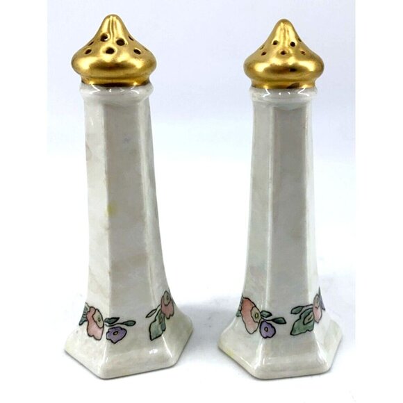 Germany Salt and Pepper Shakers Floral Hand Painted White Luster 1930 4.5" - Picture 2 of 9
